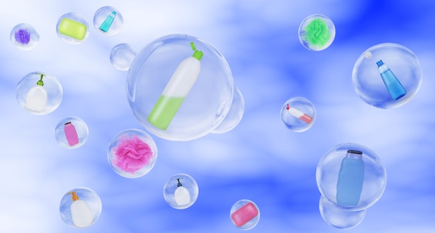 Hygiene in soap bubbles on sky background concept of washing