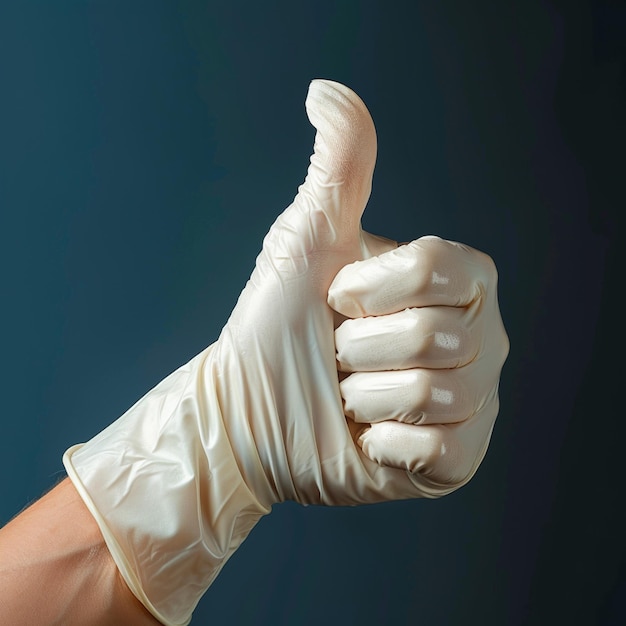 衛生的な承認 白いゴム手袋をかぶった手は ソーシャルメディアの投稿サイズに親指を上げます