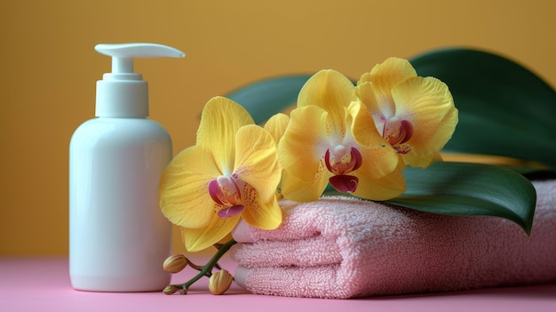 Hygienic gel in a white bottle with a dispenser yellow orchid flower