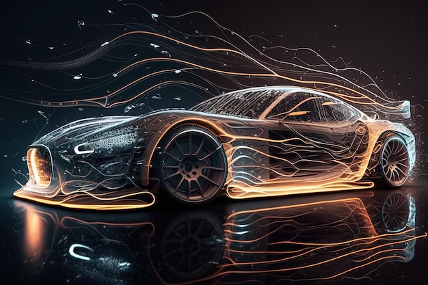 Hyper car neon background generated AI Streamline test over the modern car design diffuse plastic optic some glowing contours illuminate the car details dark scene cinematic lightning