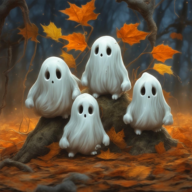 Hyper Detailed Painting Jean Baptiste Monge Style A Three Small And Cute Ghosts Sad And Autumn