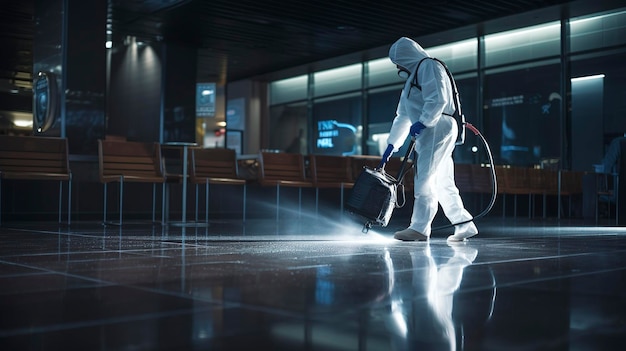 A hyper detailed shot of a cleaner disinfecting public spaces