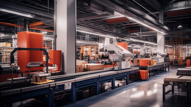 A hyper detailed shot of a package sorting facility with conveyor belts and automated systems