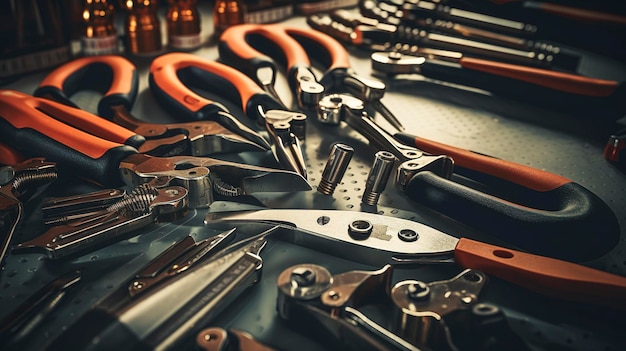Гипердетальный снимок плоскогубцев и гаечных ключей, необходимых инструментов для ремонта