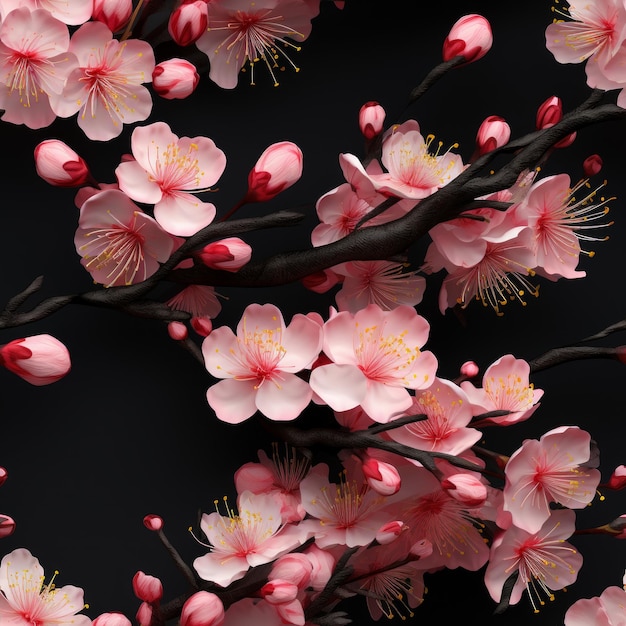 Hyper Photo Realistic Chain Link Pink Cherry Blossoms on Black Background Seamless Pattern