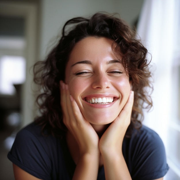 a hyper photo realistic photograph of a happy woman