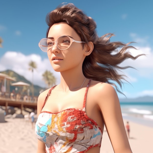 여름 해변에서 매력적인 여성의 초현실적인 3D 렌더링