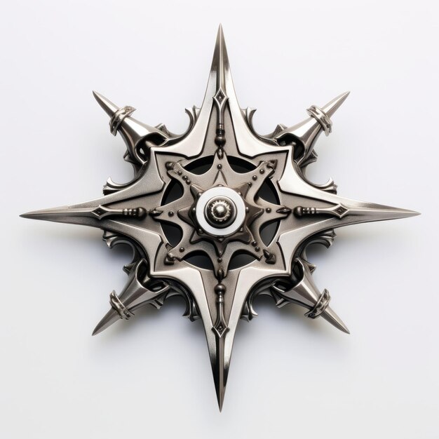 a hyper-realistic, 3d rendering of a wild west shuriken. the shuriken is showcased in a dynamic angle, highlighting its intricate design and unique craftsmanship. with a white background, this captiva