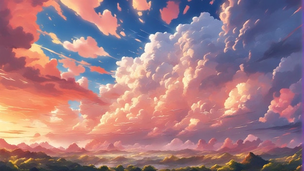 A hyper realistic angry anime clouds cartoon style landscape