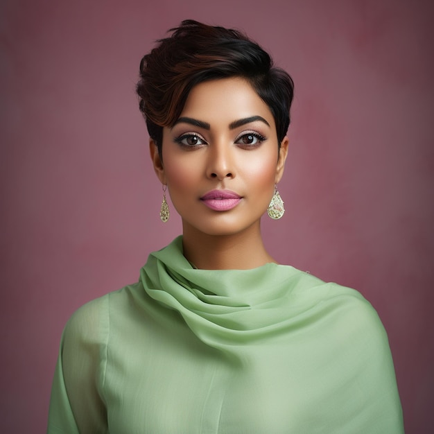 A Hyper realistic beautiful elegant indian woman wearing light pink linen salwar short hair