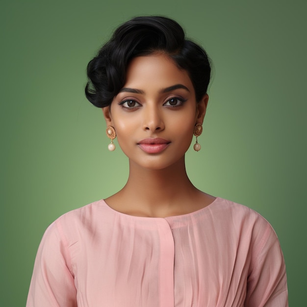 A Hyper realistic beautiful elegant indian woman wearing light pink linen salwar short hair