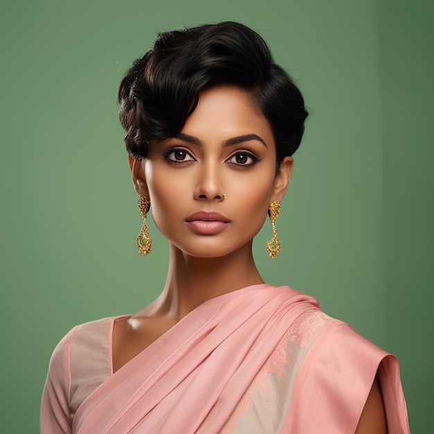 A Hyper realistic beautiful elegant indian woman wearing light pink linen salwar short hair