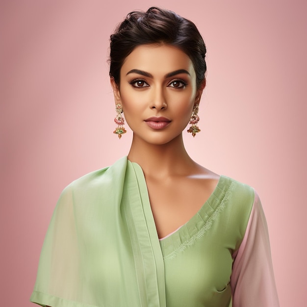A Hyper realistic beautiful elegant indian woman wearing light pink linen salwar short hair