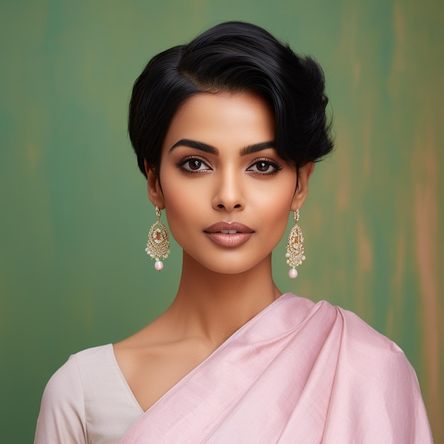 A Hyper realistic beautiful elegant indian woman wearing light pink linen salwar short hair