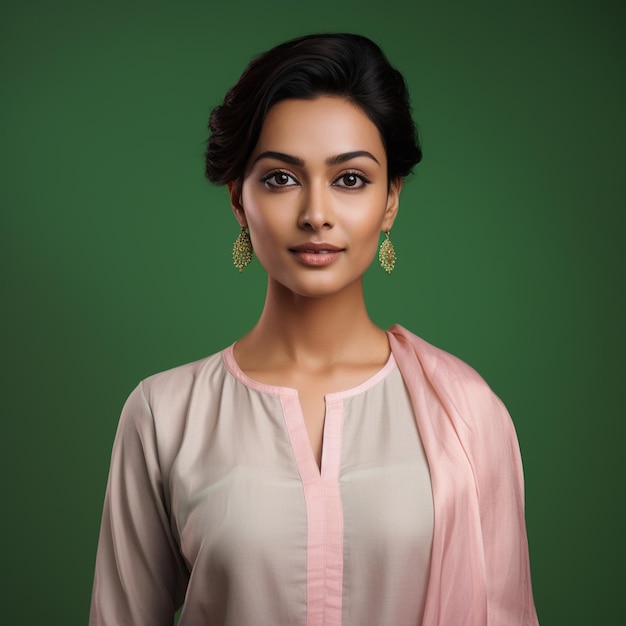 Photo a hyper realistic beautiful elegant indian woman wearing light pink linen salwar short hair