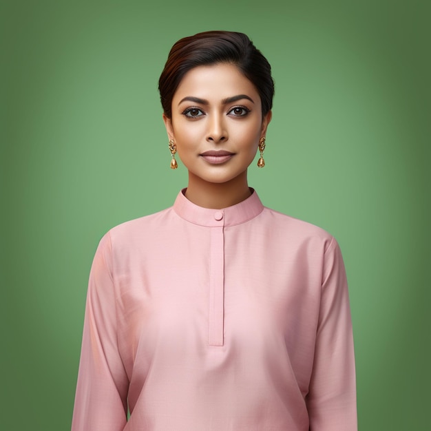 ハイパーリアルな美しいエレガントなインド人女性は,明るいピンクのリネンサルワール,短いを着ています.