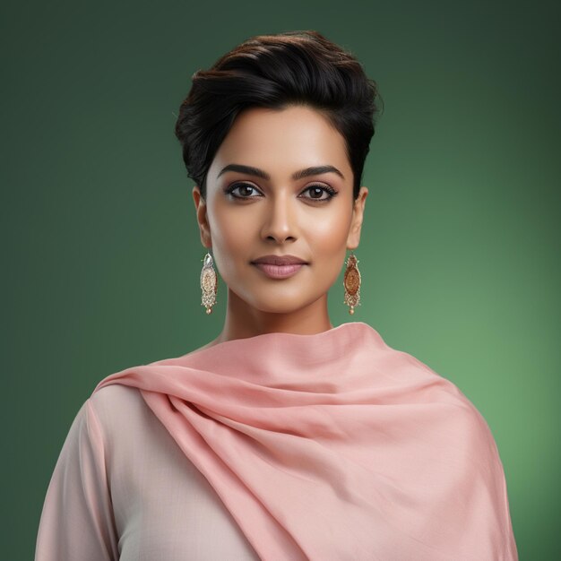 Photo a hyper realistic beautiful elegant indian woman wearing light pink linen salwar short hair