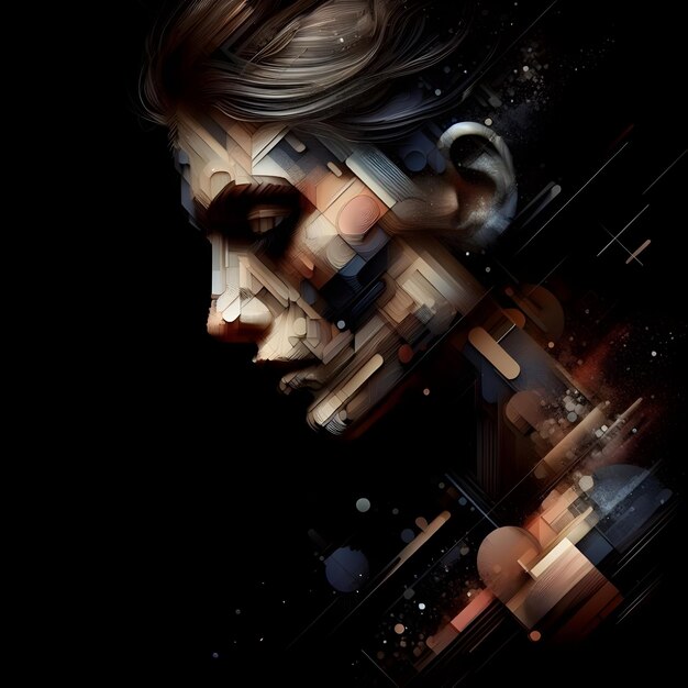 hyper realistic beautiful woman in a dark moody atmosphere with abstract lines and geometric shapes