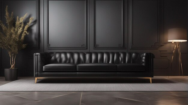 A hyper realistic black sofa with black wall background 8k