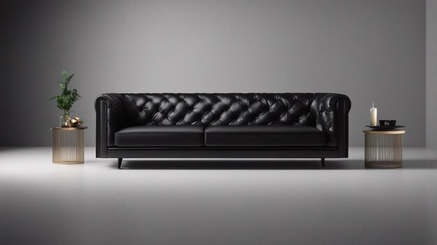 A hyper realistic black sofa with black wall background 8k