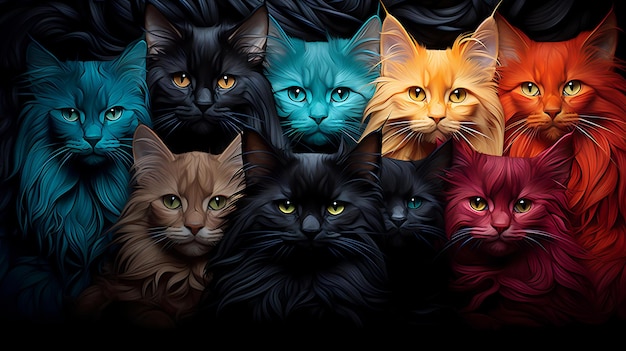 Гиперреалистичная фотография кошек Абстрактная гипнотическая иллюзия кошек в разноцветных тонах