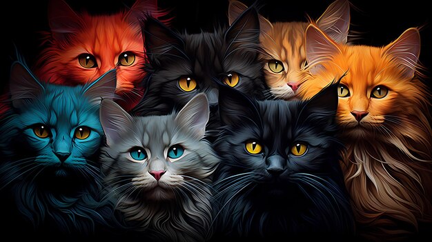 Hyper realistic cats photography Abstract hypnotic illusion of cats in multicolor