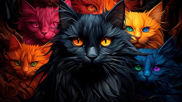 Hyper realistic cats photography Abstract hypnotic illusion of cats in multicolor