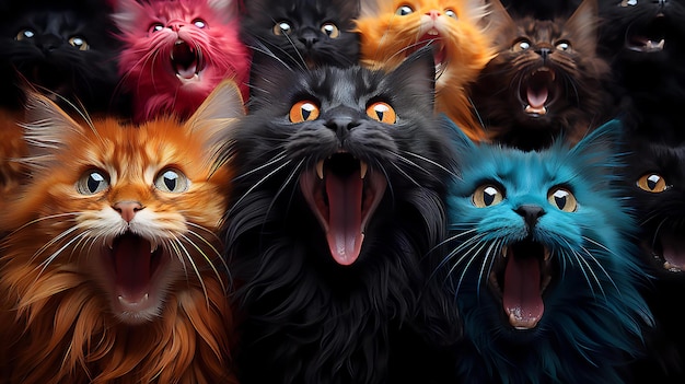 Hyper realistic cats photography Abstract hypnotic illusion of cats in multicolor