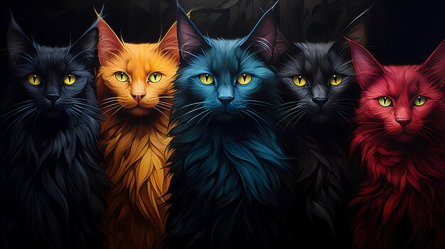 Hyper realistic cats photography Abstract hypnotic illusion of cats in multicolor