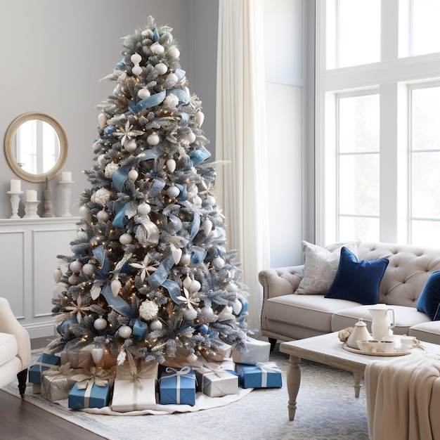 hyper realistic christmas tree decorated tastefully with silver and blue ornaments