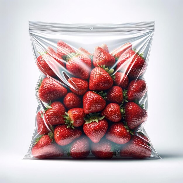 Hyper realistic Fresh strawberrys in a clear bag isolated on a white background