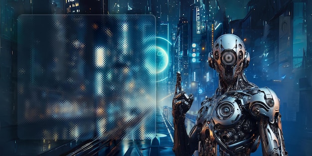 Hyper realistic futuristic robot cyborg cyberpunk city dark technology ai background copy space text