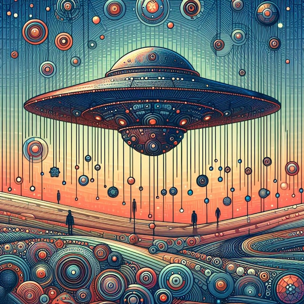 Hyper Realistic Giftpaper Pattern with Ufo Flying Sourcer Drawing vector art illustration