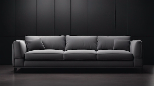 A hyper realistic gray sofa with black wall background 8k