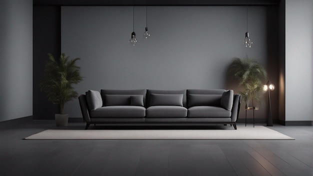 A hyper realistic gray sofa with black wall background 8k