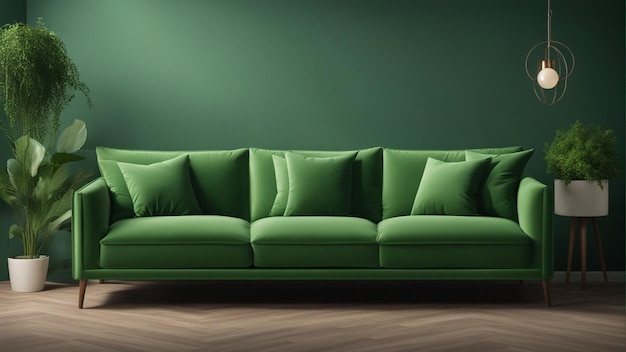 Photo a hyper realistic green sofa with light green wall background 8k