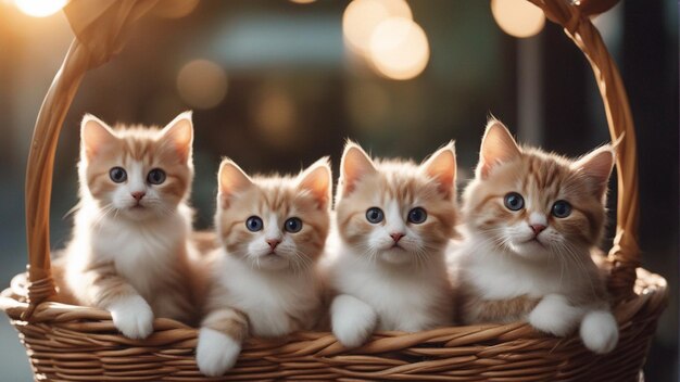 A Hyper realistic group of cat in basket Blue background