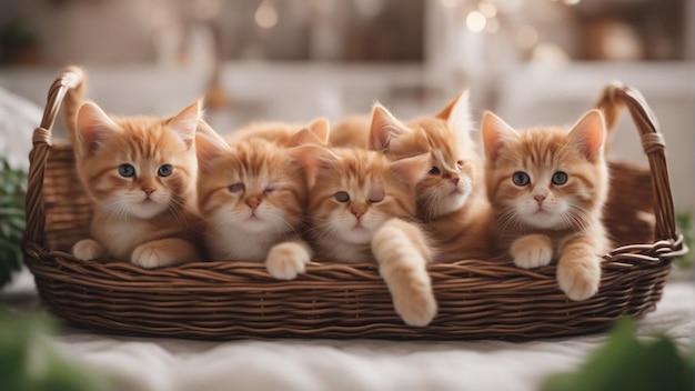 A Hyper realistic group of cat in basket Blue background