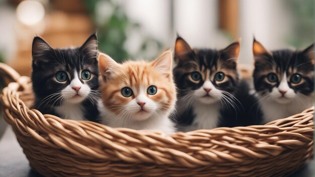 Photo a hyper realistic group of cat in basket blue background