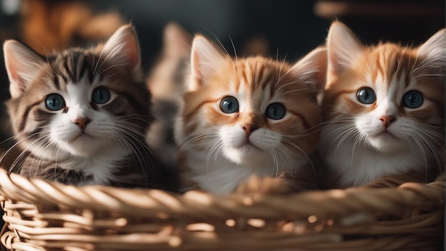 A Hyper realistic group of cat in basket Blue background