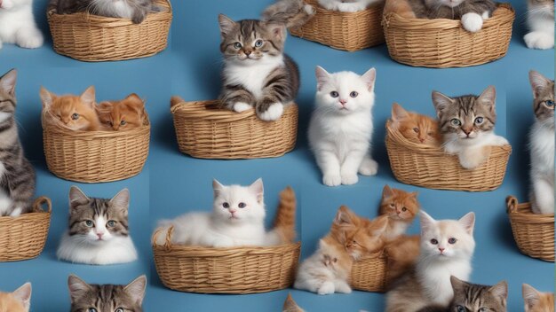 A hyper realistic group of cat in basket blue background