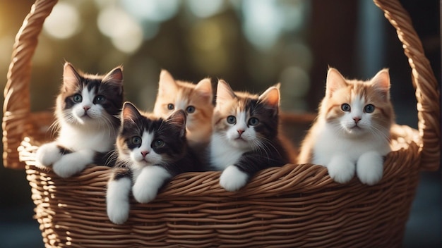 A Hyper realistic group of cat in basket Blue background