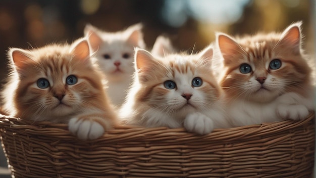 A Hyper realistic group of cat in basket Blue background