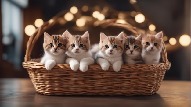 A Hyper realistic group of cat in basket Blue background