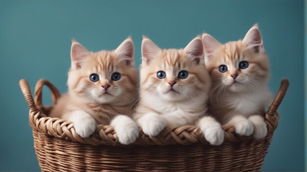 A Hyper realistic group of cat in basket Blue background