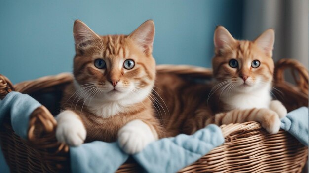 バスケットに入った超現実的な猫のグループ青い背景