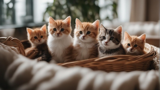 A Hyper realistic group of cat in basket Blue background