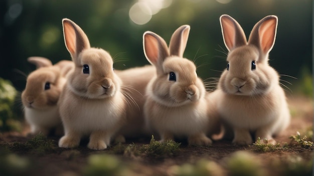 A hyper realistic group of cute rabbits in jungle