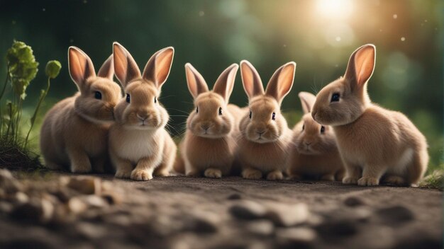 A hyper realistic group of cute rabbits in jungle