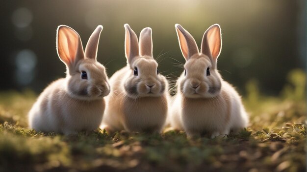 Photo a hyper realistic group of cute rabbits in jungle